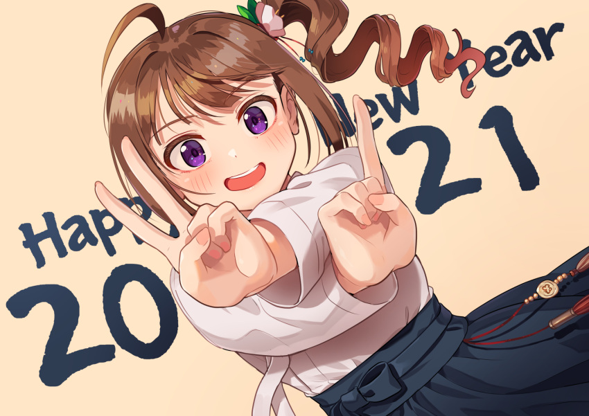 1girl 2021 ahoge bangs black_skirt brown_background brown_hair commentary crossed_wrists drill_hair dutch_angle english_text flower hair_flower hair_ornament happy_new_year idolmaster idolmaster_million_live! index_finger_raised kamille_(vcx68) long_sleeves looking_at_viewer medium_hair new_year open_mouth shirt side_ponytail simple_background skirt smile solo v violet_eyes white_shirt yokoyama_nao