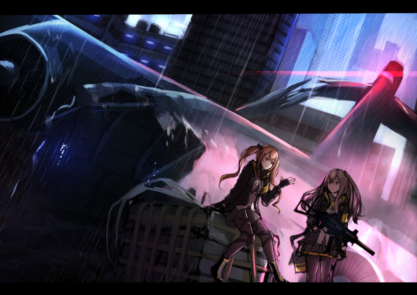 2girls black_footwear black_gloves black_jacket black_legwear black_skirt boots bow brown_eyes brown_hair city closed_mouth eyebrows_visible_through_hair feet_out_of_frame fingerless_gloves girls_frontline gloves gun h&amp;k_ump hair_bow hair_ornament hairclip hand_up holding holding_weapon jacket light_brown_hair lodbyy long_hair looking_at_viewer looking_away multiple_girls open_clothes open_jacket pantyhose scar scar_across_eye scenery shirt side_ponytail sitting skirt smile standing submachine_gun twintails ump45_(girls'_frontline) ump9_(girls'_frontline) weapon white_shirt