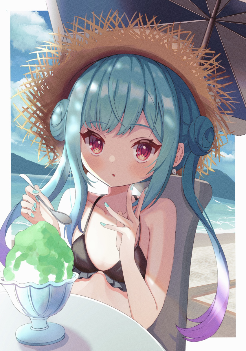 1girl :o aqua_hair aqua_nails asymmetrical_hair bare_arms bare_shoulders beach beach_umbrella bikini black_bikini blush colored_tips double_bun earrings fingernails frilled_bikini frills ghost_earrings hat highres hololive jewelry looking_at_viewer nail_polish neo_(neo1025) parted_lips pink_hair red_eyes shaved_ice sidelocks sitting solo straw_hat surprised swimsuit twintails umbrella uneven_twintails uruha_rushia virtual_youtuber