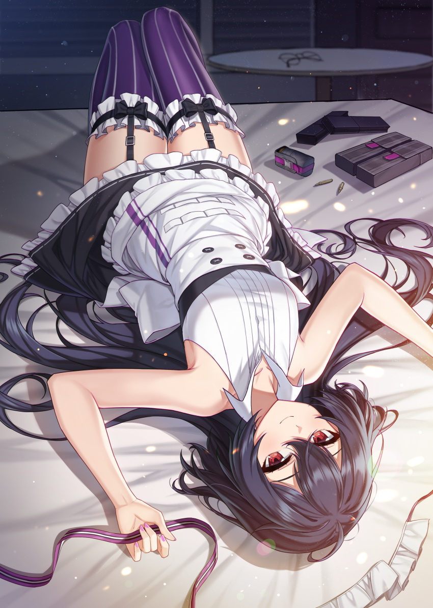 1girl 2qba absurdres apron armpits arms_up bare_arms bare_shoulders bed black_hair black_skirt breasts collared_shirt counter_side frilled_legwear frilled_skirt frills garter_straps gun handgun headwear_removed highres holding huge_filesize lily_(counter_side) long_hair looking_at_viewer lying maid maid_apron maid_headdress miniskirt on_back on_bed pistol purple_legwear red_eyes ribbon shirt skirt sleeveless sleeveless_shirt small_breasts smile solo striped striped_legwear thigh-highs underbust upside-down very_long_hair weapon white_shirt zettai_ryouiki