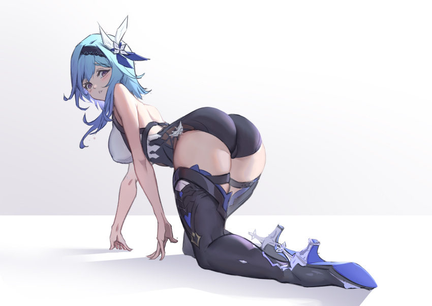 1girl absurdres all_fours ass backless_leotard bare_arms bare_back bare_shoulders black_hairband black_legwear blue_hair blush boots breasts chamuhz eula_(genshin_impact) from_behind genshin_impact hair_ornament hairband high_heel_boots high_heels highres large_breasts looking_at_viewer medium_hair parted_lips solo thigh-highs thigh_boots thighs violet_eyes