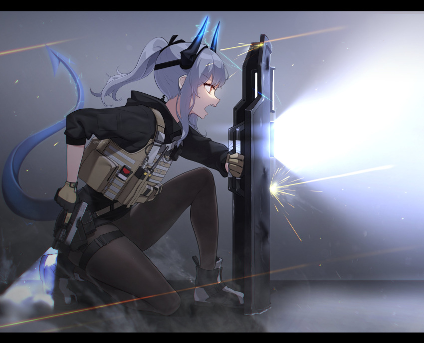 1girl ankle_boots arknights bangs black_footwear black_jacket black_legwear boots brown_eyes bulletproof_vest dragon_girl dragon_horns dragon_tail electricity eyebrows_visible_through_hair flashlight from_side full_body grey_hair gun highres holding holding_gun holding_shield holding_weapon hood hooded_jacket horns jacket letterboxed light liskarm_(arknights) liskarm_(overload)_(arknights) long_sleeves narynn official_alternate_costume one_knee open_mouth pantyhose ponytail profile riot_shield shield sidelocks solo tail thigh_strap trigger_discipline v-shaped_eyebrows weapon