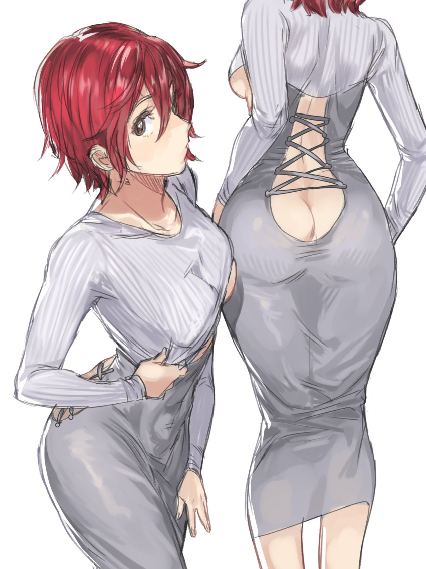 1girl ass breasts covered_navel dress feet_out_of_frame from_behind grey_dress grey_shirt hair_between_eyes han_soo-min_(hanny) hanny_(uirusu_chan) highres long_sleeves looking_at_viewer medium_breasts multiple_views original redhead shirt short_hair simple_background under_boob white_background