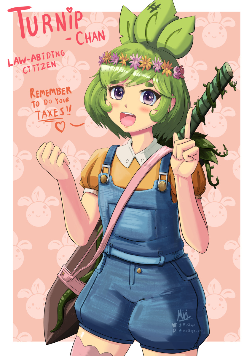 1girl :d absurdres artist_name blush character_name clenched_hand denim english_commentary english_text genderswap genderswap_(mtf) green_hair hand_up head_wreath highres humanization index_finger_raised looking_at_viewer mirifaye open_mouth overalls pink_background pixiv_username short_hair simple_background smile sword thigh-highs turnip turnip_boy_commits_tax_evasion twitter_username violet_eyes weapon