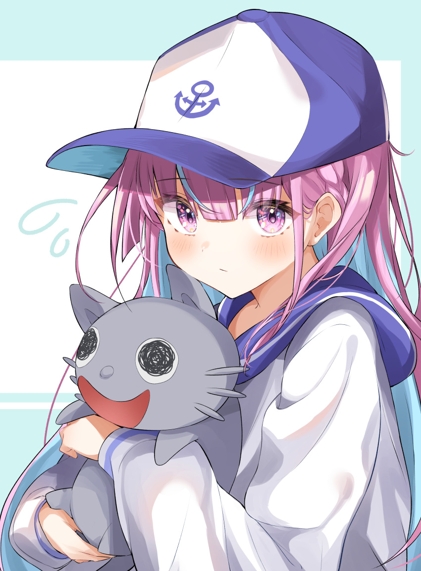 1girl absurdres anchor_print animal_hug bangs baseball_cap blue_hair blue_headwear blue_sailor_collar blush closed_mouth colored_inner_hair commentary_request eyebrows_visible_through_hair eyes_visible_through_hair furuki_ayaginutaira hair_between_eyes hat highres hololive jacket long_hair long_sleeves looking_at_viewer minato_aqua multicolored_hair neko_(minato_aqua) pink_eyes pink_hair print_headwear sailor_collar simple_background two-tone_background upper_body virtual_youtuber white_jacket