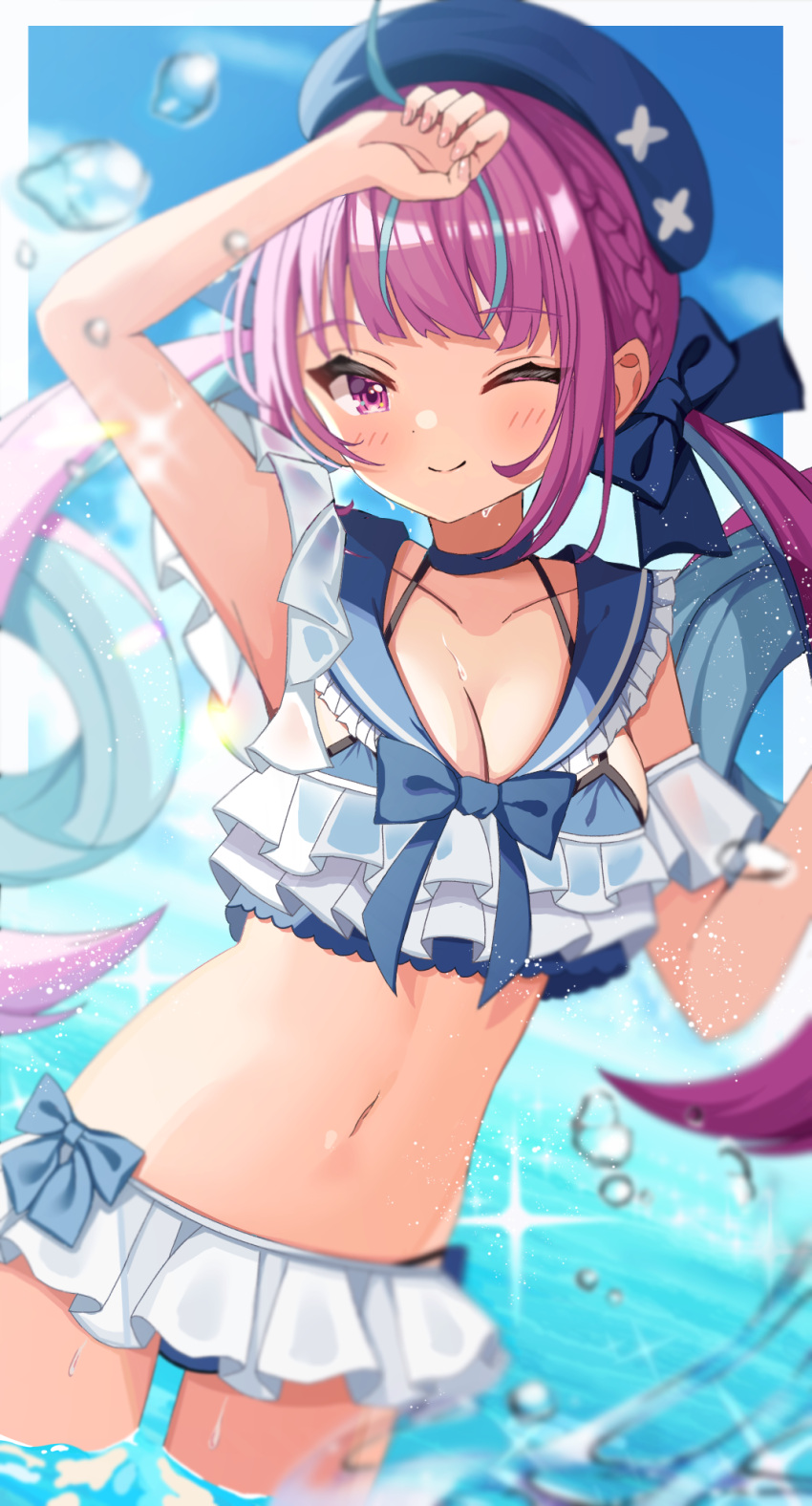 1girl ;) ahoge bangs beret bikini bikini_skirt blue_hair blue_headwear blue_ribbon blunt_bangs blush braid breasts closed_mouth colored_inner_hair drill_hair dutch_angle fingernails french_braid frilled_bikini frills hair_ribbon hat highres hololive long_hair looking_at_viewer medium_breasts minato_aqua multicolored_hair navel neo_(neo1025) ocean one_eye_closed purple_hair ribbon sailor_bikini sailor_collar shading_eyes sidelocks smile solo streaked_hair swimsuit twin_drills twintails two-tone_hair violet_eyes virtual_youtuber