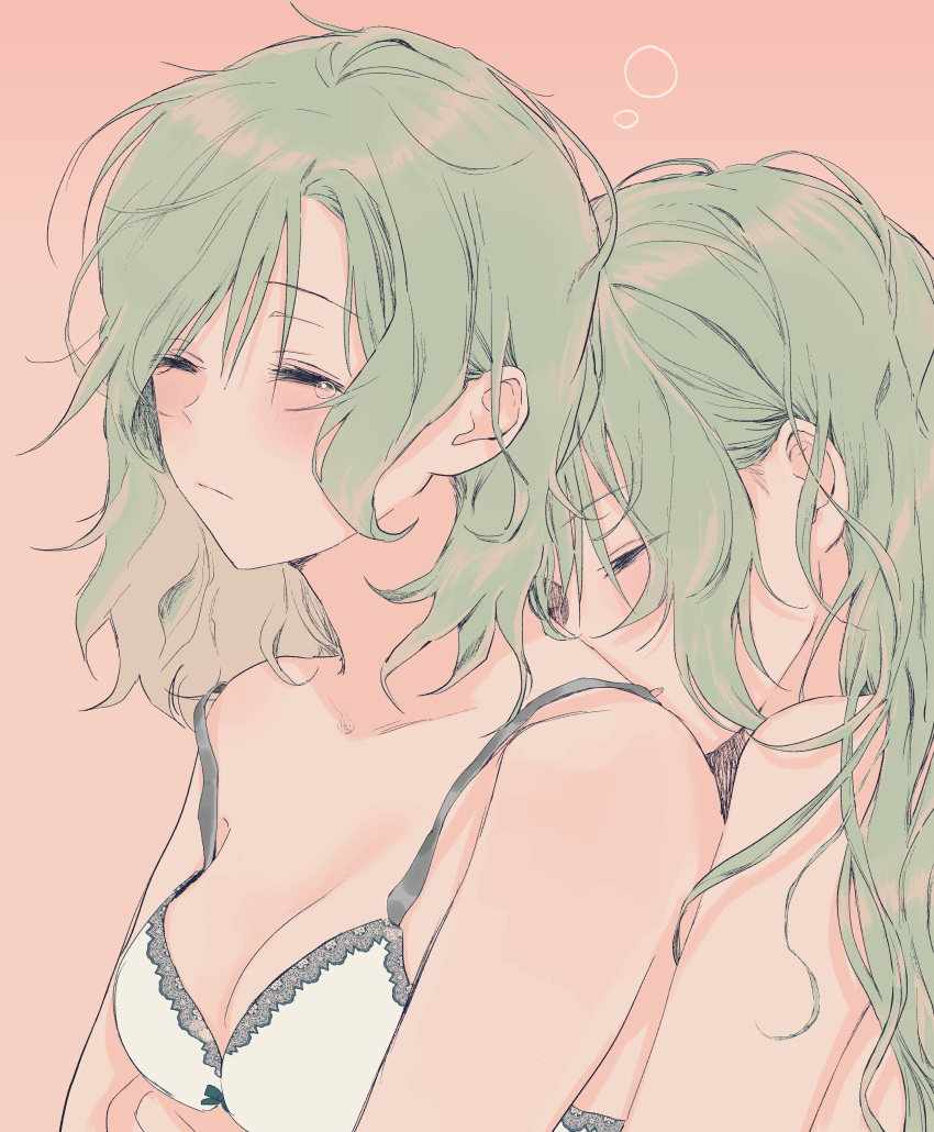 2girls absurdres bang_dream! blush bra breasts closed_eyes closed_mouth eyebrows_visible_through_hair green_hair highres hikawa_hina hikawa_sayo incest long_hair medium_breasts medium_hair multiple_girls parted_lips siblings symbol-only_commentary twincest twins underwear yuri zihacheol