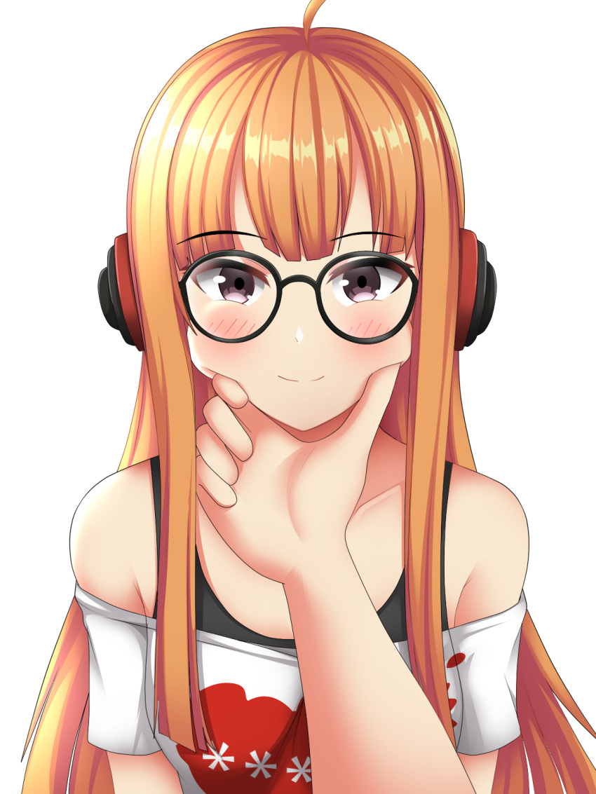 1girl ahoge bangs bare_shoulders behind-the-head_headphones black_tank_top black_undershirt blunt_bangs blush cheek_squash commission commissioner_upload eyebrows_visible_through_hair fiqihfahmi glasses hand_on_another's_cheek hand_on_another's_face happy headphones highres hime_cut long_hair off-shoulder_shirt off_shoulder orange_hair persona persona_5 pov pov_hands sakura_futaba shirt short_sleeves simple_background smile solo t-shirt tank_top violet_eyes white_background white_shirt