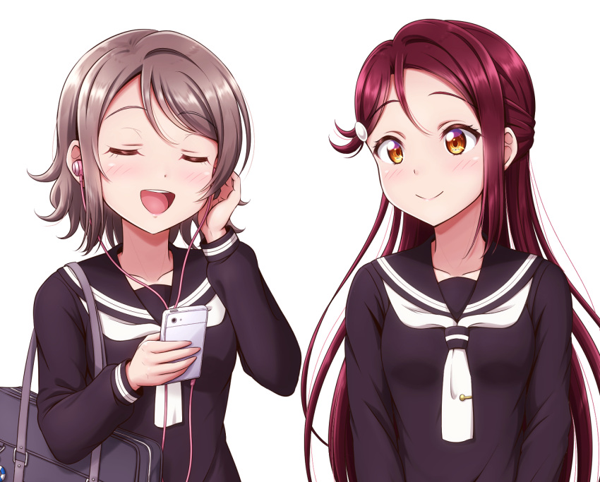 2girls bag bangs breasts cellphone ckst closed_eyes collarbone earphones eyebrows_visible_through_hair grey_hair hair_ornament half_updo highres long_hair long_sleeves love_live! love_live!_sunshine!! multiple_girls phone redhead sakurauchi_riko school_uniform shiny shiny_hair short_hair shoulder_bag sidelocks small_breasts smartphone upper_body watanabe_you white_background yellow_eyes