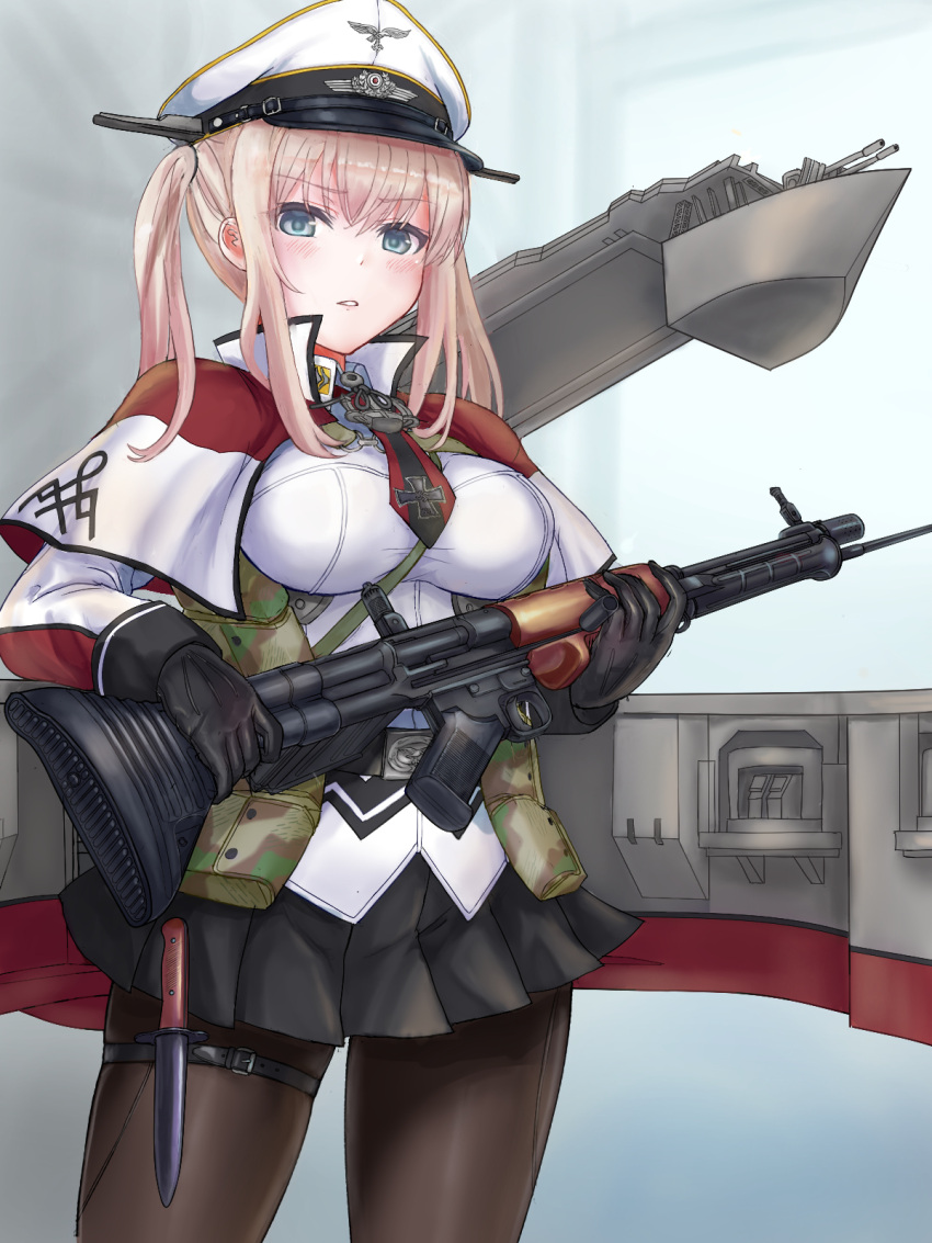 1girl black_gloves black_legwear black_skirt blonde_hair blue_eyes blush breasts capelet cowboy_shot dagger em_s eyebrows_visible_through_hair gloves graf_zeppelin_(kancolle) gun hair_between_eyes hat highres holding holding_gun holding_weapon kantai_collection knife large_breasts long_hair long_sleeves machinery military military_uniform open_mouth pantyhose peaked_cap pleated_skirt rigging sidelocks skirt solo turret twintails uniform weapon white_headwear