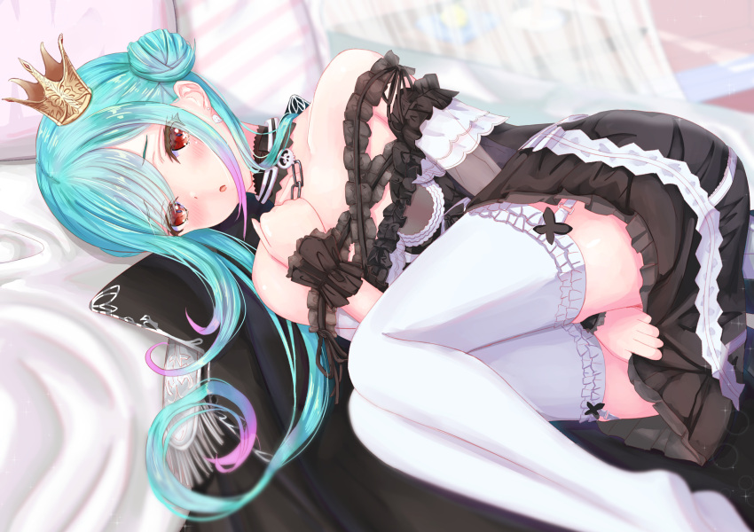 1girl :o aqua_hair asymmetrical_hair bare_shoulders black_choker black_coat black_dress blurry blurry_background blush choker coat coat_removed collarbone crown double_bun dress earrings flat_chest frilled_dress frilled_legwear frilled_straps frills full_body garter_straps ghost_earrings gradient_hair highres hololive jewelry lace lace_choker long_hair looking_at_viewer lying mikage_hrk mini_crown multicolored_hair no_shoes off-shoulder_dress off_shoulder official_alternate_costume on_bed on_side open_mouth pink_hair red_eyes see-through_sleeves short_dress short_sleeves solo tearing_up thigh-highs tilted_headwear twintails uneven_twintails uruha_rushia virtual_youtuber white_garter_straps white_legwear wristband