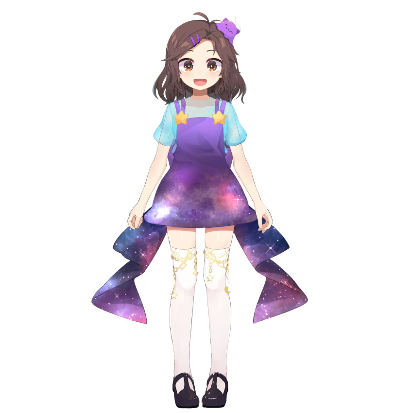 1girl blob brown_eyes brown_hair centi_(nimu) dress gradient_dress highres indie_virtual_youtuber nimu_(vtuber) official_art purple_dress short_hair smile solo star_(symbol) starry_sky_print thigh-highs transparent_shirt virtual_youtuber white_legwear