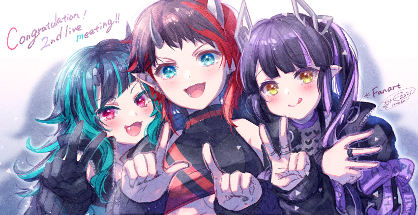 3girls :d :q aqua_hair bare_shoulders black_gloves black_hair black_jacket blue_eyes blush bow brown_eyes closed_mouth commentary_request congratulations crop_top fang girl_sandwich gloves highres ittokyu jacket jewelry kojo_anna long_sleeves multicolored_hair multiple_girls open_mouth pointy_ears purple_bow purple_hair redhead ring ryugasaki_rene sandwiched shishio_chris signature sleeves_past_wrists smile streaked_hair sugar_lyric tongue tongue_out twintails upper_body virtual_youtuber