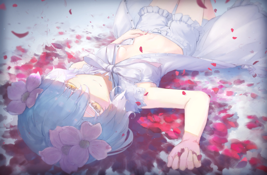 1girl bangs bare_arms bloomers breasts closed_mouth dutch_angle eyebrows_visible_through_hair eyes_visible_through_hair hair_between_eyes hand_on_own_stomach highres kudou_chitose light_smile looking_at_viewer lying navel nijisanji on_back on_floor petals rose_petals short_hair sleeveless small_breasts solo t6_ti thick_eyelashes underwear virtual_youtuber white_hair yellow_eyes