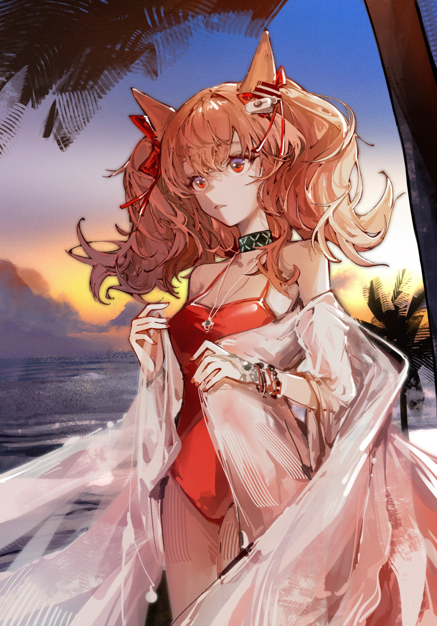 1girl angelina_(arknights) angelina_(summer_flowers)_(arknights) animal_ears arknights bangs bare_shoulders beach bracelet breasts brown_hair chinese_commentary commentary_request cowboy_shot fox_ears highres infection_monitor_(arknights) jewelry long_hair looking_afar luan_teng medium_breasts nail_polish necklace ocean official_alternate_costume one-piece_swimsuit open_mouth palm_tree red_eyes red_nails red_swimsuit solo spaghetti_strap standing swimsuit thigh_strap tree twintails