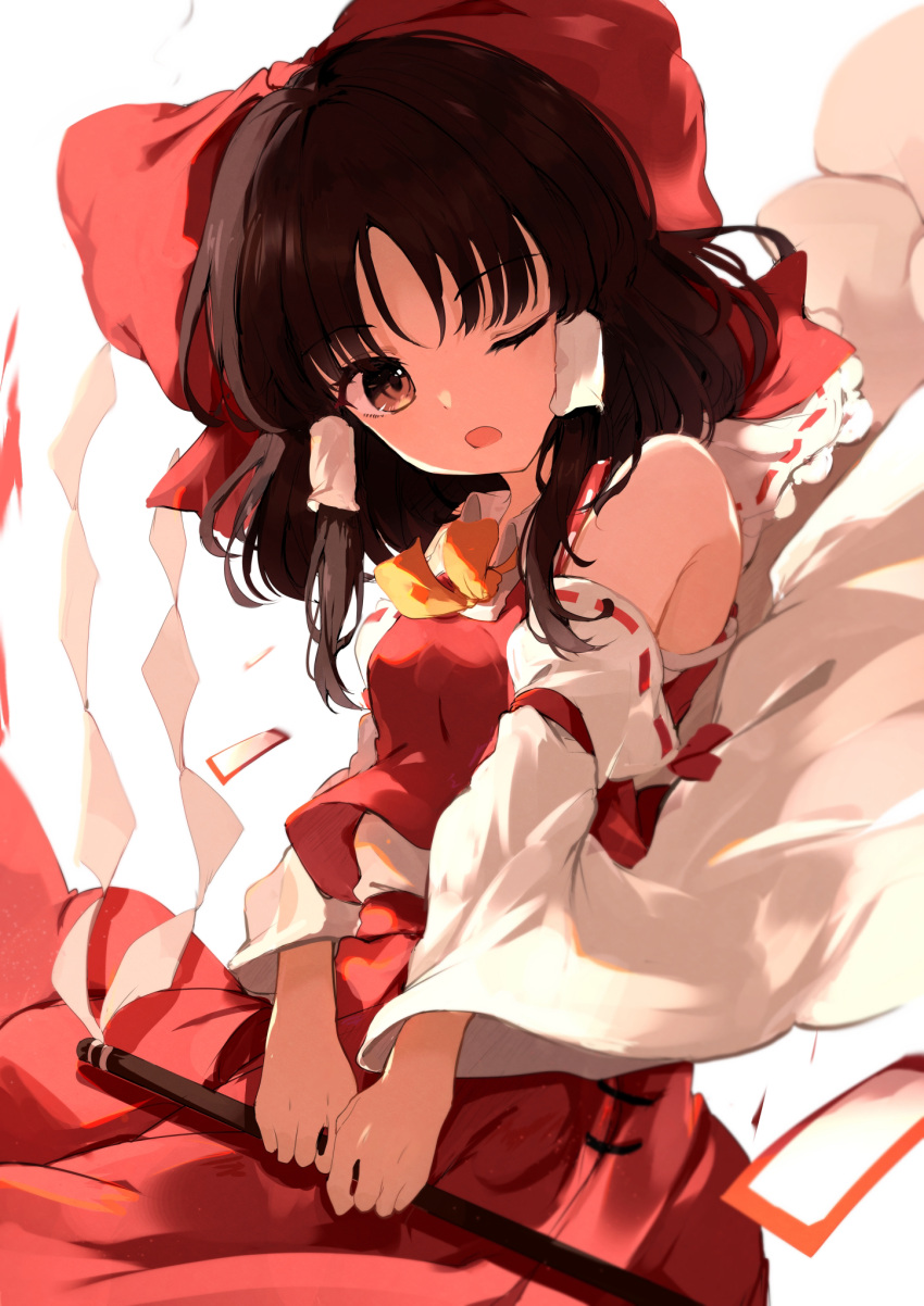 1girl ascot bare_shoulders black_hair bow brown_eyes detached_sleeves eyebrows_visible_through_hair gohei hair_bow hair_tubes hakurei_reimu highres hunya japanese_clothes medium_hair nontraditional_miko one_eye_closed open_mouth red_bow red_skirt red_vest ribbon-trimmed_sleeves ribbon_trim sidelocks skirt solo touhou vest wide_sleeves yellow_neckwear