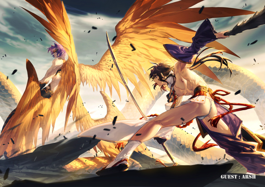 2boys abs arsh_(thestarwish) ass bare_pectorals bulge dust fate/grand_order fate_(series) feathered_wings fighting_stance foreshortening from_behind fundoshi genderswap genderswap_(ftm) giant giant_male gorgon_(fate) hat japanese_clothes long_tail looking_to_the_side male_focus medusa_(fate) multiple_boys muscular muscular_male nipples pectorals pelvic_curtain purple_hair reptile_boy revealing_clothes scales short_hair sidelocks sky snake_boy snake_tail spread_wings tail tate_eboshi thighs toned toned_male ushiwakamaru_(fate) wind wings