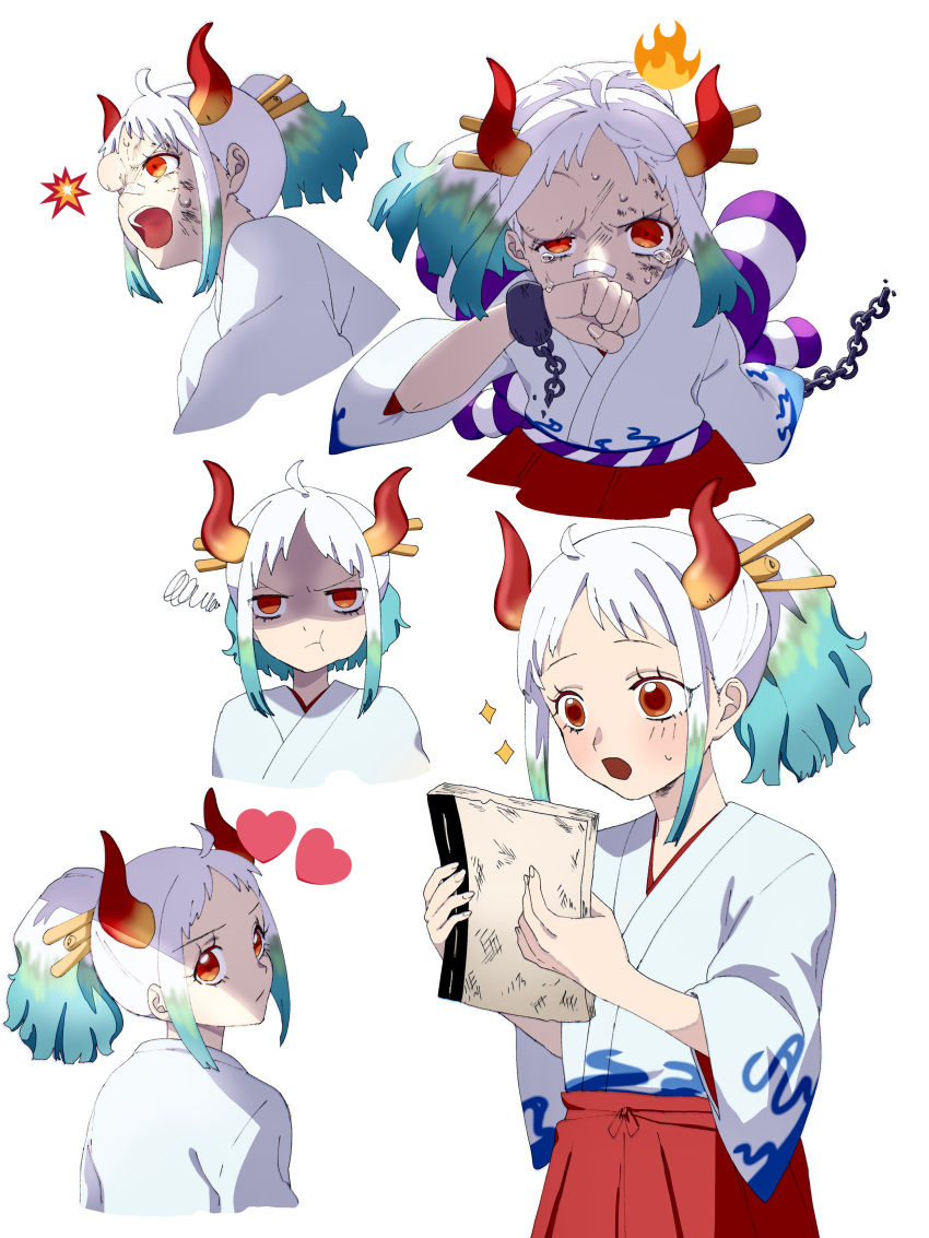 1girl :t absurdres ahoge aqua_hair awaji_masaru chain child closed_mouth cuffs curled_horns expressions green_hair hair_ornament hair_stick hakama heart high_ponytail highres holding horns injury japanese_clothes kimono long_hair long_sleeves looking_at_object looking_at_viewer multicolored_hair multicolored_horns multiple_views one_piece oni open_mouth pout red_eyes red_horns rope scratches shackles shaded_face shimenawa squiggle surprised sweat tearing_up white_hair wide_sleeves yamato_(one_piece) yellow_horns younger