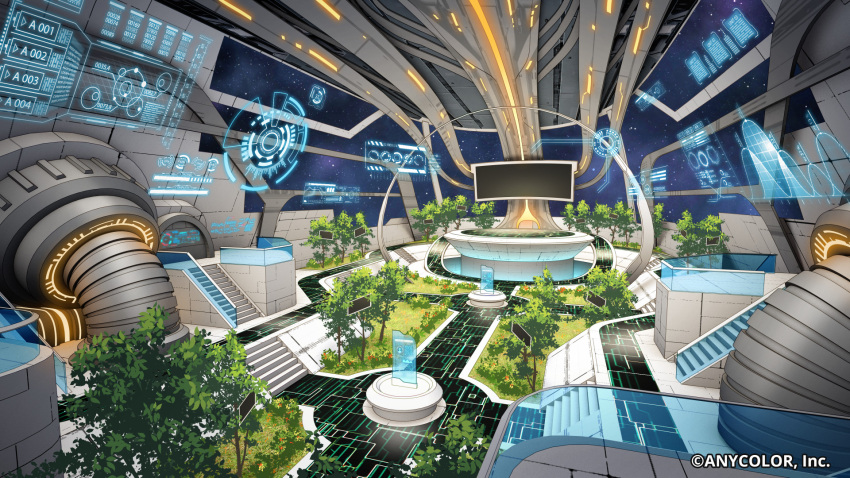 bush flower highres holographic_monitor nijisanji nijisanji_id no_humans official_art pinakes production_art scenery science_fiction screen space stairs tree