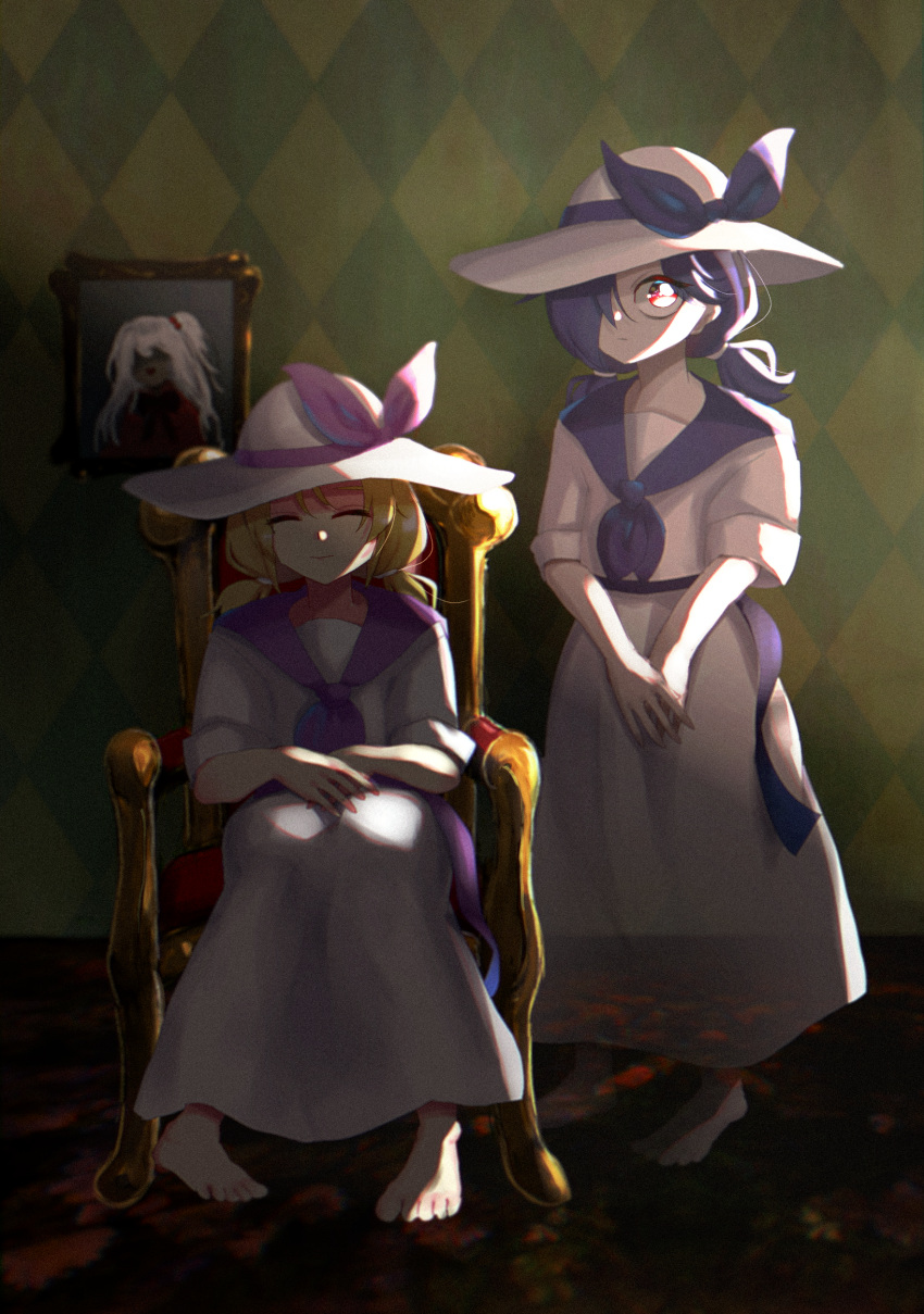 1other 2girls absurdres artist_request barefoot blonde_hair blue_hair blue_sailor_collar bow chair closed_eyes dual_persona full_body hat hat_bow highres long_skirt louise_(touhou) medium_hair multiple_girls portrait_(object) purple_sailor_collar red_eyes sailor_collar sailor_shirt shinki_(touhou) shirt sitting skirt smile standing touhou touhou_(pc-98) white_shirt