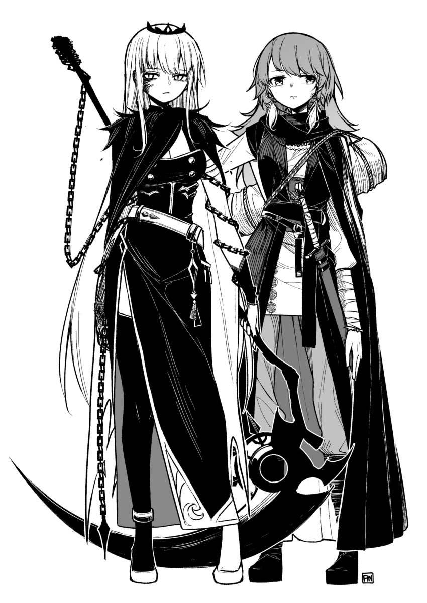 2girls alternate_costume angry_num bandaged_arm bandages bangs belt blunt_bangs boots breasts buttons chain double-breasted dress earrings feather_earrings feathers full_body greyscale hand_on_hip high_heels highres holding holding_scythe hololive hololive_english jacket jewelry jitome large_breasts long_hair looking_at_viewer monochrome mori_calliope multiple_girls nail_polish scarf scythe sheath sheathed shoes side_slit simple_background single_thighhigh sleeveless sleeveless_dress slit_pupils standing sword takanashi_kiara thigh-highs tiara upper_body veil very_long_hair virtual_youtuber weapon white_background