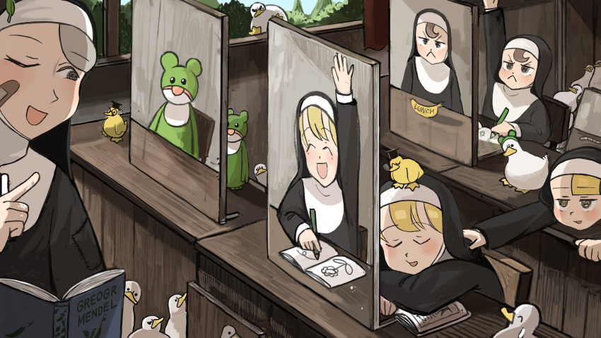 4girls arm_up bird book catholic chicken clinging covering desk diva_(hyxpk) doll duck duckling earthworm frog frog_headband glasses grey_bangs_nun_(diva) half-bang_nun_(diva) hand_on_another's_shoulder hat highres hook-bang_nun_(diva) little_nuns_(diva) mortarboard multiple_girls nose_bubble nun painting_(object) protagonist_nun_(diva) sleeping waking_another window worms