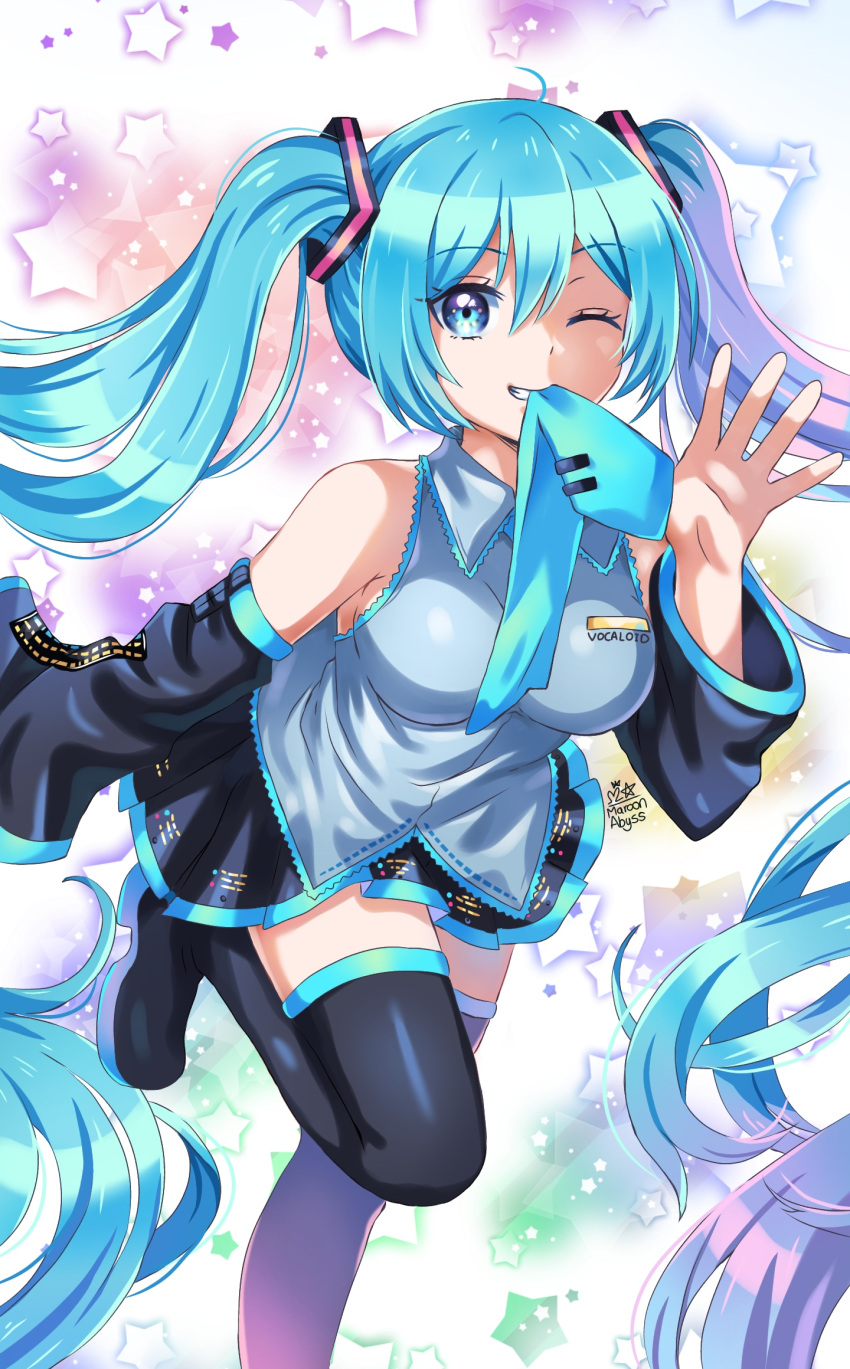 1girl aqua_eyes aqua_hair aqua_neckwear black_legwear boots breasts detached_sleeves hatsune_miku highres long_hair maroonabyss medium_breasts mouth_hold necktie necktie_in_mouth one_eye_closed skirt sleeveless smile solo thigh-highs thigh_boots twintails very_long_hair vocaloid