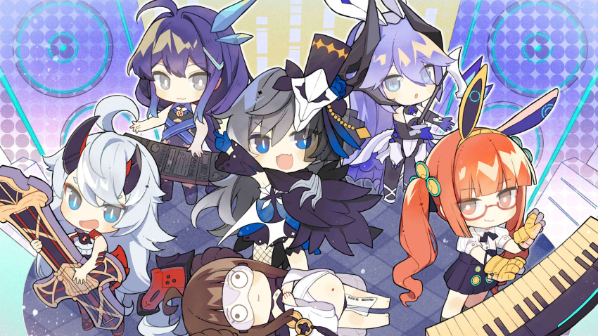 6+girls :d antenna_hair bella_(honkai_impact) black_hair black_headwear blood_embrace blue_eyes book_of_fuxi chibi closed_mouth concert eye_mask full_body glasses guitar highres holding holding_instrument honkai_(series) honkai_impact_3rd horns index_finger_raised instrument long_hair looking_at_viewer lying lyre multiple_girls navel official_art on_back open_mouth orange_eyes piano purple_hair selune's_elegy short_sleeves sleeping sleeveless smile standing tesla_zero twintails water's_edge white_hair