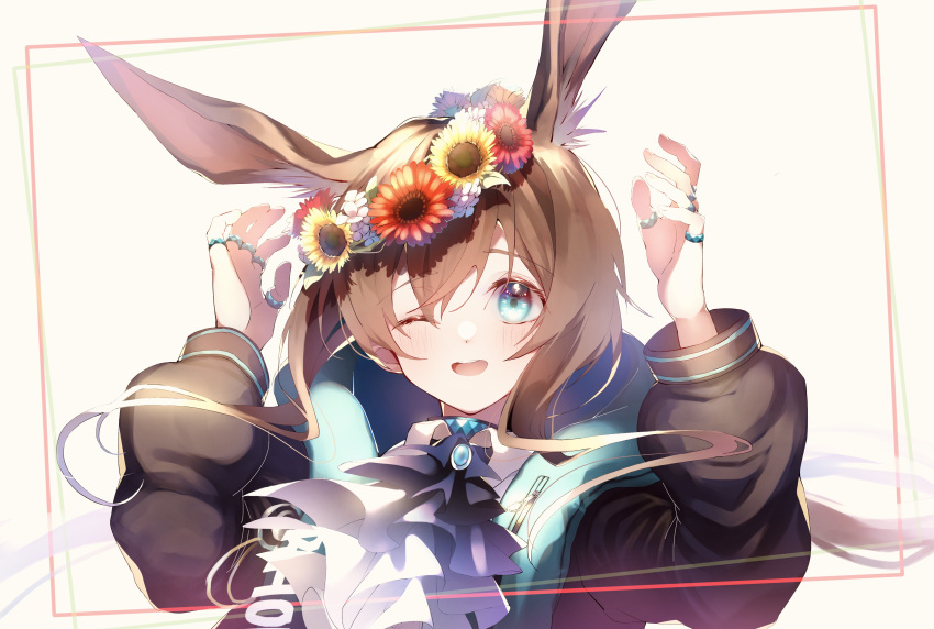 1girl :d ;d absurdres amiya_(arknights) animal_ears arknights ascot bangs black_jacket blue_choker blue_eyes blue_neckwear brown_hair choker commentary eyebrows_visible_through_hair flower hair_between_eyes hair_flower hair_ornament hands_up head_wreath highres jacket jewelry long_hair mitk_game multiple_rings one_eye_closed open_mouth rabbit_ears rabbit_girl ring sidelocks smile solo upper_body wide_sleeves