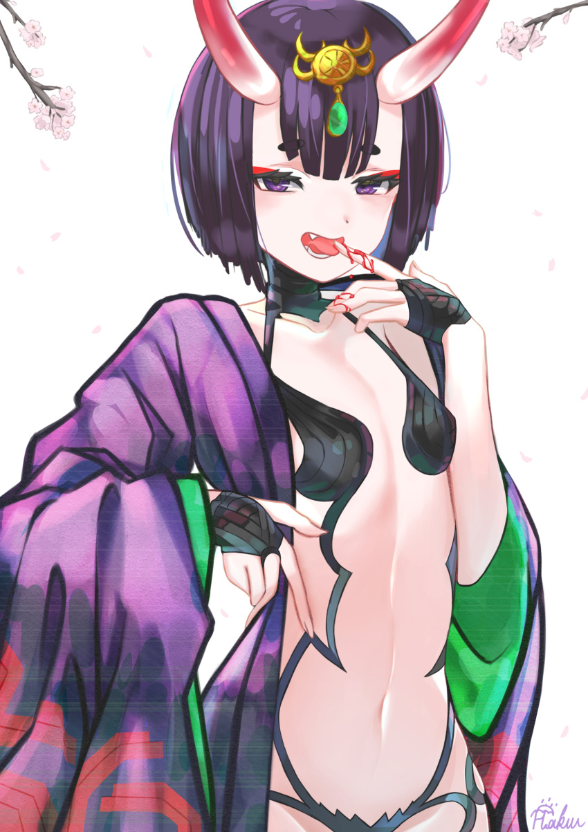 1girl absurdres bangs blood_on_fingers blunt_bangs branch breasts bridal_gauntlets cherry_blossoms eyeliner falling_petals fang fate/grand_order fate_(series) finger_to_mouth hair_ornament haku_u_0818 highres horns japanese_clothes jewelry kimono licking licking_finger makeup navel oni oni_horns open_clothes open_kimono petals purple_hair purple_kimono red_eyeliner revealing_clothes short_hair shuten_douji_(fate) signature simple_background skin-covered_horns small_breasts solo thick_eyebrows tongue tongue_out violet_eyes white_background