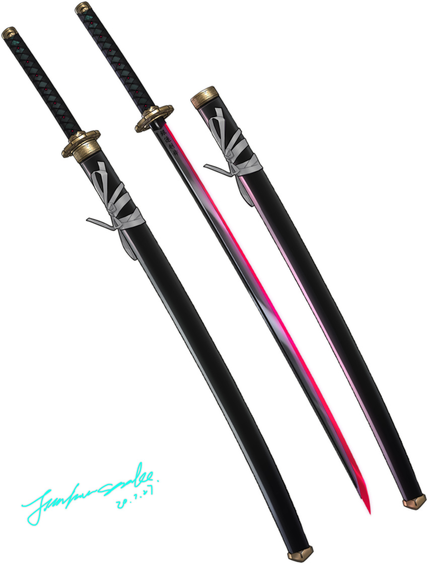 absurdres commentary_request highres katana no_humans original sheath sheathed signature simple_background srestia still_life sword transparent_background weapon weapon_focus
