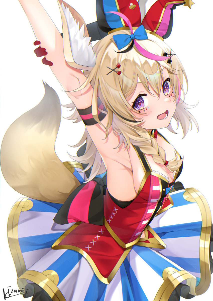 1girl absurdres animal_ear_fluff animal_ears arm_strap armpits arms_up artist_name bangs bare_shoulders black_hair black_sleeves blonde_hair blue_bow blush bow braid breasts commentary_request detached_sleeves dress eyebrows_visible_through_hair facial_mark fox_ears fox_girl fox_tail gloves hair_between_eyes hair_bow hair_ornament hat heart heart_in_eye highres hololive izumi_kei jester_cap long_hair looking_at_viewer medium_breasts multicolored multicolored_clothes multicolored_dress multicolored_hair omaru_polka open_mouth purple_hair red_gloves revision simple_background single_braid smile solo streaked_hair striped symbol_in_eye tail tilted_headwear vertical_stripes violet_eyes virtual_youtuber white_background x_hair_ornament