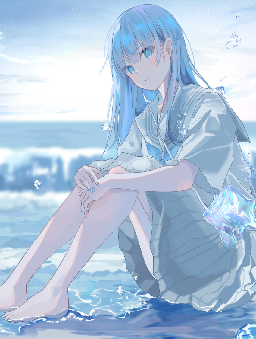 1girl air_bubble bag barefoot blue_eyes blue_hair blue_nails blue_neckwear blue_theme bubble from_side highres horizon knees_up long_hair looking_at_viewer nail_polish neckerchief ocean original pleated_skirt sailor_collar school_uniform serafuku shirt short_sleeves shoulder_bag signature sitting skirt sky solo sutera_sea toenail_polish toenails water white_shirt