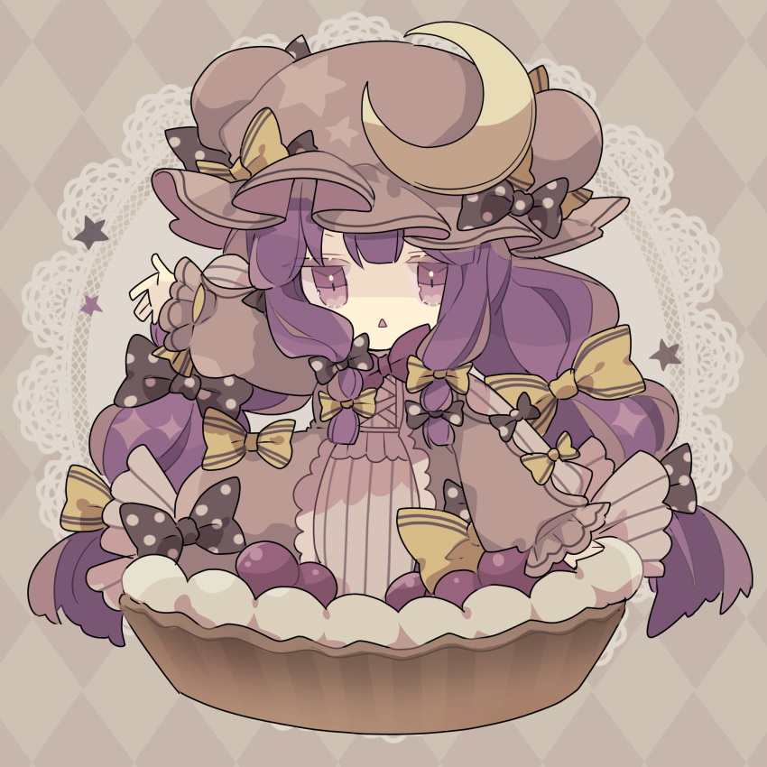 1girl argyle argyle_background bangs blunt_bangs bow crescent crescent_pin food full_body grey_background hair_bow hat highres long_hair long_sleeves looking_at_viewer mob_cap multiple_bows nikorashi-ka open_mouth patchouli_knowledge polka_dot polka_dot_bow purple_hair solo star_(symbol) star_print touhou triangle_mouth very_long_hair