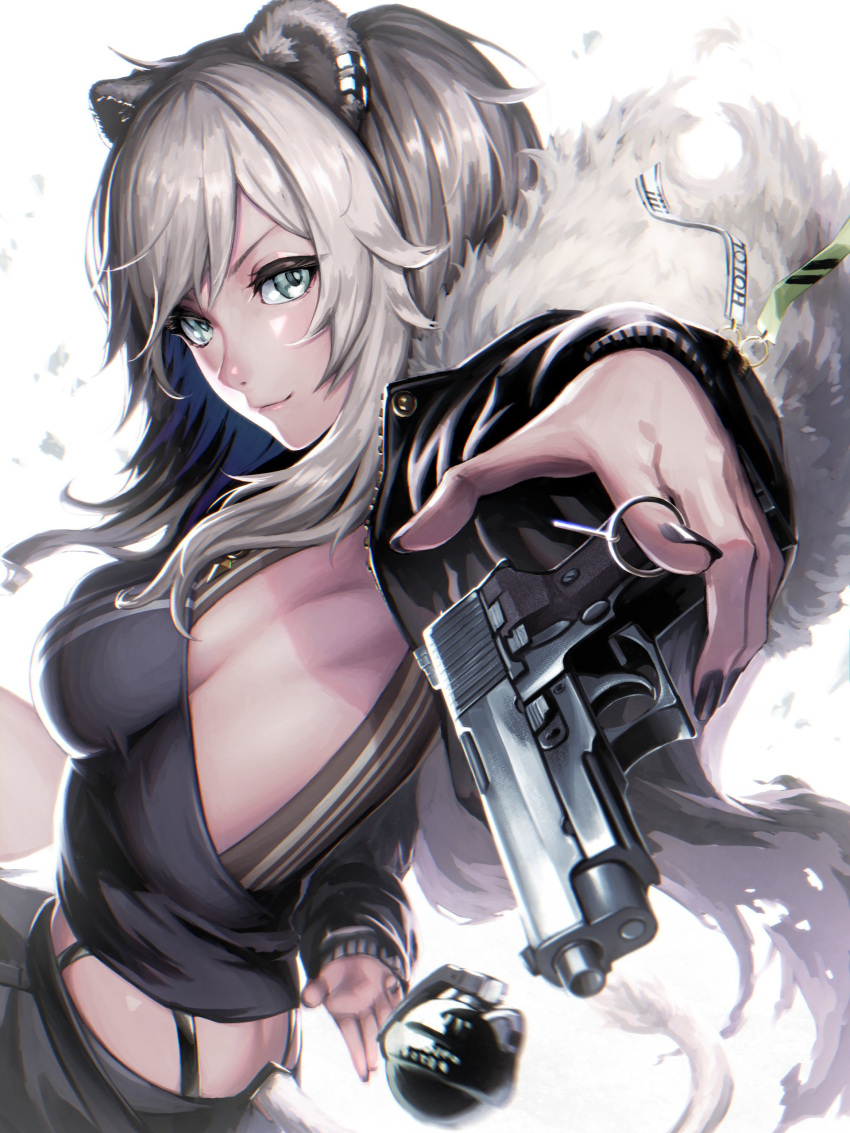 1girl absurdres animal_ears bangs black_jacket breasts explosive floating_clothes fur_trim grenade grey_eyes grey_hair grey_skirt gun halter_top halterneck handgun highres hololive jacket lion_ears lion_girl lion_tail medium_breasts noname_(metaldragonfly) open_hand pistol shishiro_botan sideboob skirt smile solo tail virtual_youtuber weapon