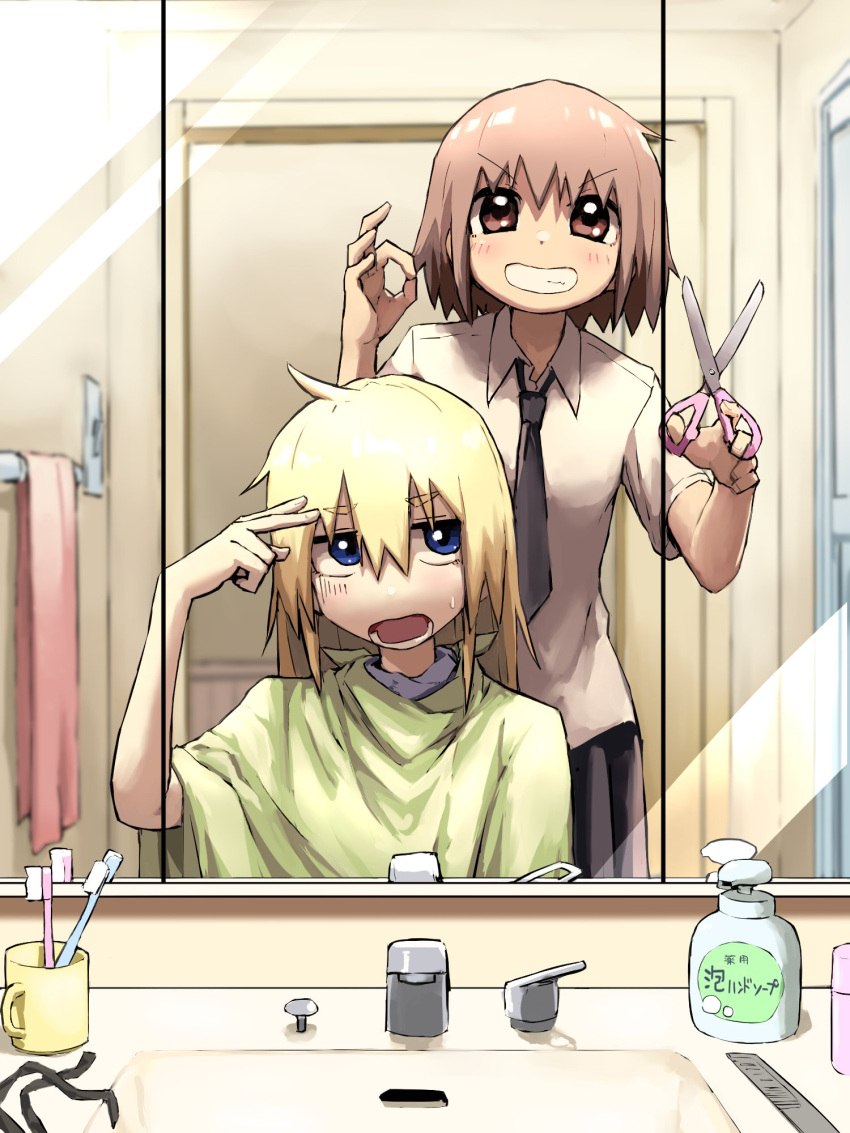 2girls alternate_hairstyle black_neckwear black_skirt blonde_hair blue_eyes blush brown_eyes brown_hair collared_shirt comb cutting_hair eyebrows_visible_through_hair grin hair_down highres holding holding_scissors kill_me_baby long_hair looking_at_viewer mirror multiple_girls necktie ok_sign open_mouth oribe_yasuna parted_lips pleated_skirt scissors shirt short_hair short_sleeves sink skirt smile sonya_(kill_me_baby) teeth toothbrush white_shirt yachima_tana