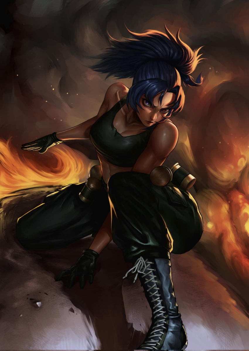 1girl bangs bare_shoulders belt black_gloves black_tank_top blue_hair breasts closed_mouth earrings gas_can gloves high_ponytail highres jewelry leona_heidern medium_breasts military military_uniform multicolored multicolored_eyes pants ponytail serious solo squatting tank_top the_king_of_fighters the_king_of_fighters_xiii uniform yc_yorkchow