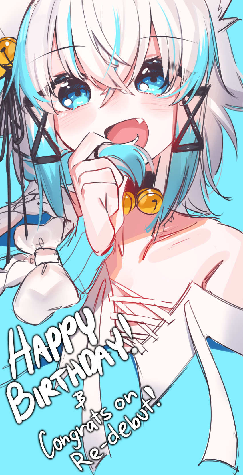 1girl absurdres animal_ears bell blue_background blue_eyes blue_hair blush character_request collarbone copyright_request eyebrows_visible_through_hair fang fox_ears fox_girl hair_bell hair_ornament happy_birthday highres long_hair looking_at_viewer multicolored_hair open_mouth pon_fresh simple_background smile solo white_hair x_hair_ornament