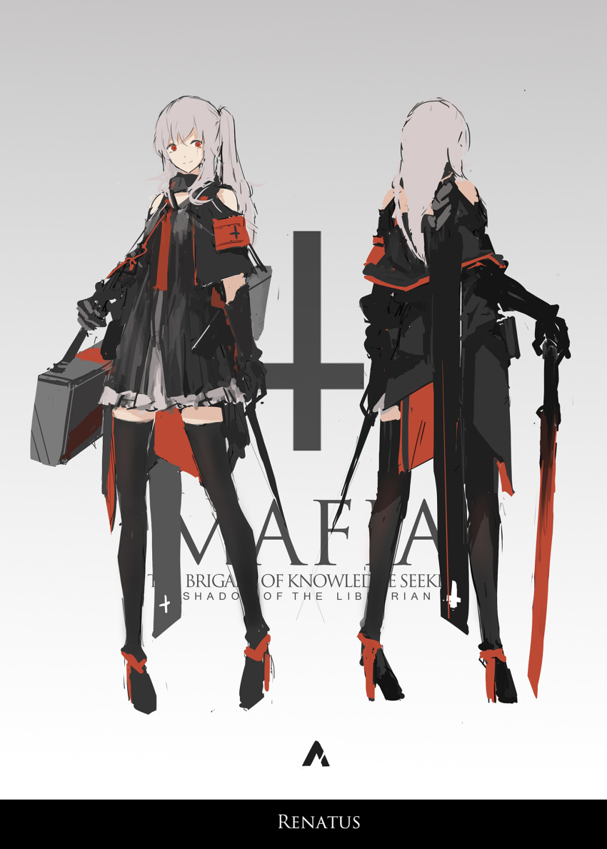 1girl armband bad_id bad_pixiv_id bangs black_dress black_footwear black_gloves black_legwear carrying character_name commentary dress gloves high_heels highres holding holding_sword holding_weapon logo long_hair photoshop_(medium) pixiv_fantasia pixiv_fantasia_t red_armband red_eyes renatus.z renatus_(pixiv_fantasia) scar scar_across_eye scar_on_face scarf side_ponytail sword thigh-highs weapon zettai_ryouiki