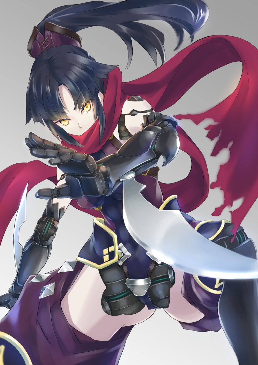 1girl absurdres android arm_blade black_hair breasts fate/grand_order fate_(series) high_ponytail highres joints katou_danzou_(fate) long_hair mechanical_arms medium_breasts ponytail red_scarf robot_joints scarf solo weapon yellow_eyes yilan_un