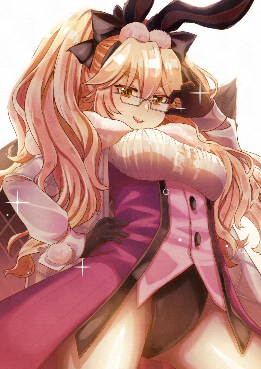 1girl absurdres animal_ear_fluff animal_ears bangs black_bow black_gloves blush bow breasts coattails collared_shirt corset dress_shirt fate/grand_order fate_(series) fox_tail glasses gloves hair_between_eyes hair_bow highres huge_filesize k_(pixiv71337887) koyanskaya_(fate) large_breasts long_hair long_sleeves looking_at_viewer open_mouth pantyhose pink_hair rabbit_ears shirt sidelocks smile solo sparkle tail tamamo_(fate) thighs twintails underbust white_legwear white_shirt yellow_eyes