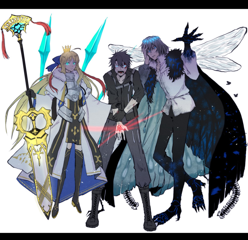 1girl 2boys ahoge artoria_pendragon_(caster)_(fate) artoria_pendragon_(fate) black_gloves black_hair blonde_hair blood blood_on_face boots cape command_spell crown fate/grand_order fate_(series) fujimaru_ritsuka_(male) gloves glowing glowing_eyes highres insect_wings multiple_boys nesui_sui oberon_(fate) polar_chaldea_uniform silver_hair staff thigh-highs thigh_boots white_background wings