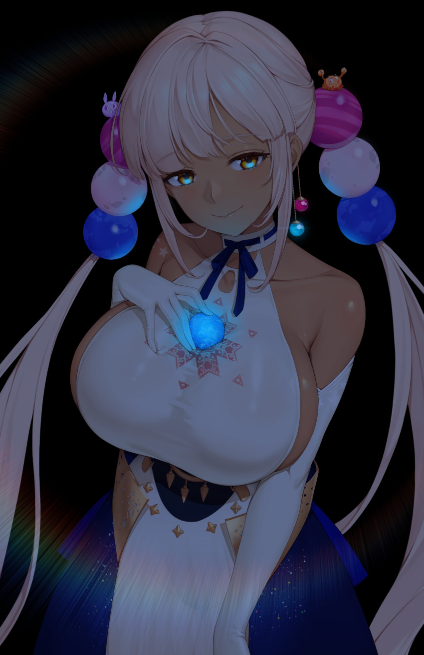 1girl absurdres bare_shoulders between_breasts blue_bow blue_skirt bow bow_skirt breasts closed_mouth dark-skinned_female dark_skin elbow_gloves giant giantess gloves glowing grey_hair hair_bobbles hair_ornament halter_top halterneck hand_on_own_chest highres hololive hololive_english huge_breasts long_hair looking_at_viewer miniskirt overskirt planet_hair_ornament shiny shiny_hair sidelocks silver_hair skin_tight skirt smile solo sseli starry_sky_print tsukumo_sana twintails underbust very_long_hair virtual_youtuber white_gloves white_skirt yellow_eyes