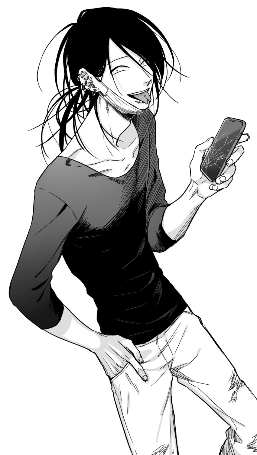 1boy adam's_apple black_hair black_shirt cellphone crack ear_piercing earrings forked_tongue greyscale hand_in_pocket highres holding holding_phone jewelry kikaku_hanbee kuze_takeshi long_hair looking_at_viewer male_focus mask mask_removed monochrome pants phone piercing shirt solo standing tongue tongue_out tongue_piercing uramichi_onii-san