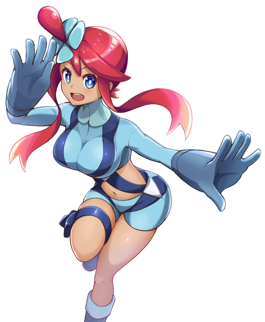 1girl :d bangs blue_eyes blue_footwear blue_gloves blue_jacket blue_shorts blush boots breasts bright_pupils commentary_request cropped_jacket floating_hair gloves hair_ornament highres jacket knees kooeiatd111020 leg_up looking_at_viewer navel one_side_up open_mouth pokemon pokemon_(game) pokemon_bw redhead shiny shiny_skin short_hair_with_long_locks short_shorts shorts sidelocks skyla_(pokemon) smile solo thigh_pouch tied_hair tongue turtleneck upper_teeth white_background white_pupils