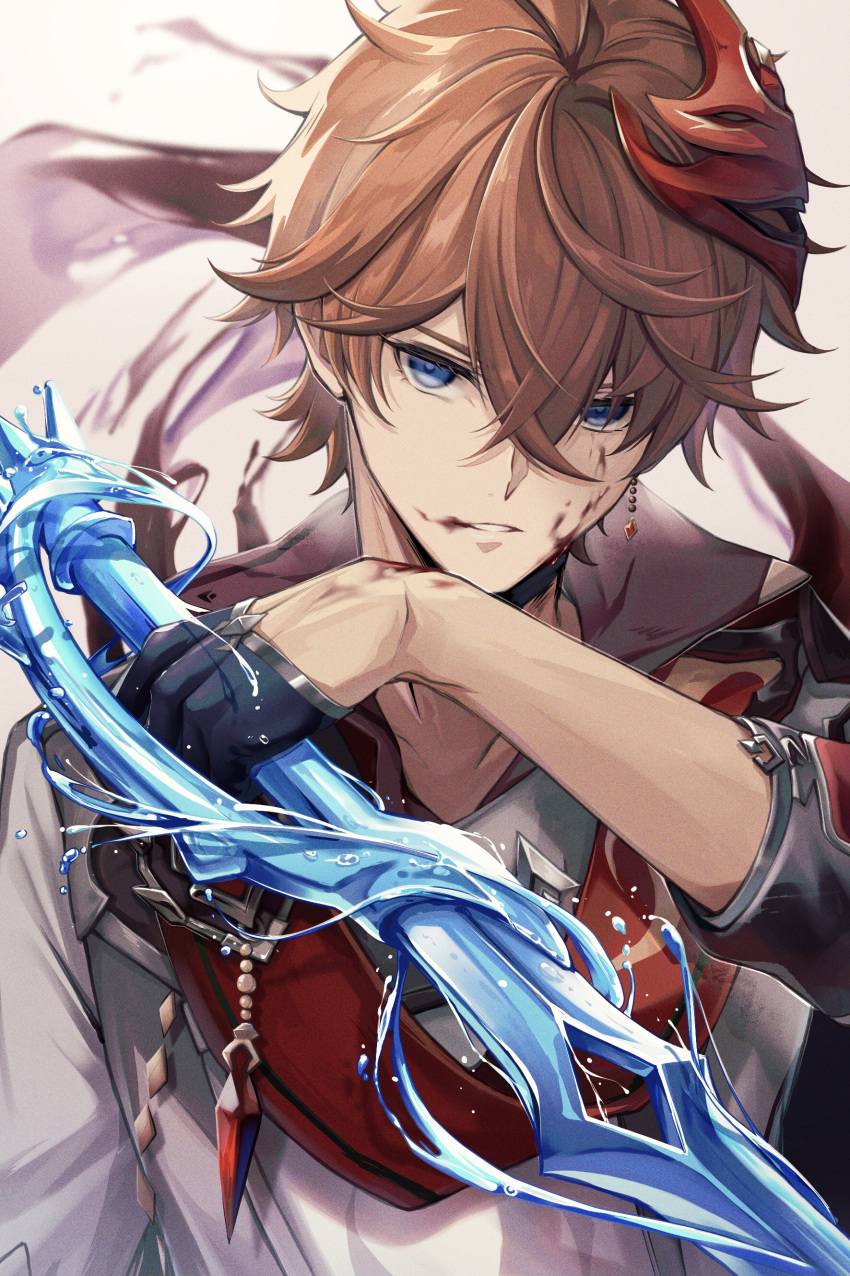 1boy absurdres arm_up bangs black_gloves blood blood_from_mouth blood_on_face blood_on_hands blue_eyes clenched_teeth earrings genshin_impact gloves grey_jacket hair_between_eyes half_gloves highres holding holding_sword holding_weapon jacket jewelry looking_at_viewer male_focus mask mask_on_head noan orange_hair red_mask red_scarf scarf short_hair single_earring solo sword tartaglia_(genshin_impact) teeth upper_body weapon