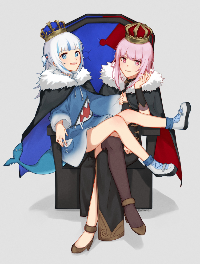 2girls bangs black_cape black_dress black_jacket blue_eyes blue_hair blue_hoodie blunt_bangs brown_legwear cape commentary crown dress english_commentary eyebrows_visible_through_hair fish_tail fur-trimmed_cape fur_trim gawr_gura hair_ornament high_heels highres hololive hololive_english hood hoodie jacket king_(vocaloid) long_sleeves mori_calliope multiple_girls one_side_up orinte parted_lips pink_eyes pink_hair shark_tail shoes sidelocks silver_hair simple_background single_thighhigh sitting sitting_on_person smile tail thigh-highs throne twitter_username virtual_youtuber white_footwear