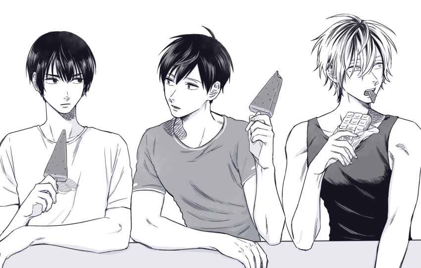 3boys black_hair eating elbows_on_table food highres holding holding_food kumatani_mitsuo kuze_takeshi looking_at_another male_focus monochrome mouth_hold multicolored_hair multiple_boys omota_uramichi popsicle shirt simple_background sleeveless t-shirt tank_top two-tone_hair uramichi_onii-san usahara_tobikichi white_background