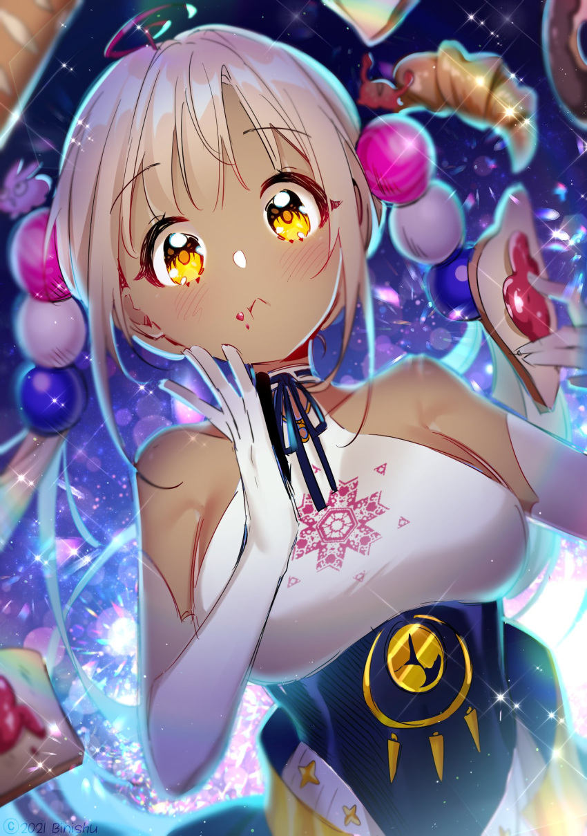 1girl artist_name binishu bread croissant dark-skinned_female dark_skin dated doughnut elbow_gloves food food_on_face gloves highres hololive hololive_english jam toast tsukumo_sana twintails virtual_youtuber yellow_eyes