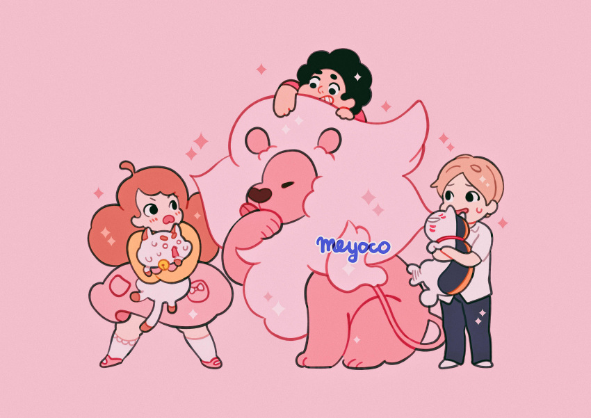 1girl 2boys absurdres animal bee_(bee_and_puppycat) bee_and_puppycat black_hair blonde_hair brown_hair cat character_request copyright_request highres lion meyoco multiple_boys no_nose pink_background pink_theme puppycat simple_background sparkle steven_quartz_universe steven_universe